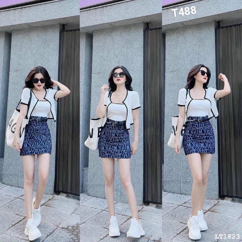 set 3 món viền né áo ống chân váy ôm họa tiết kèm áo khoác có lót trong lụa kts T488
