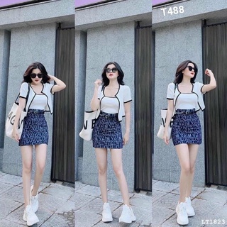 Set 3 món viền né áo ống chân váy ôm họa tiết kèm áo khoác có lót trong lụa kts T488