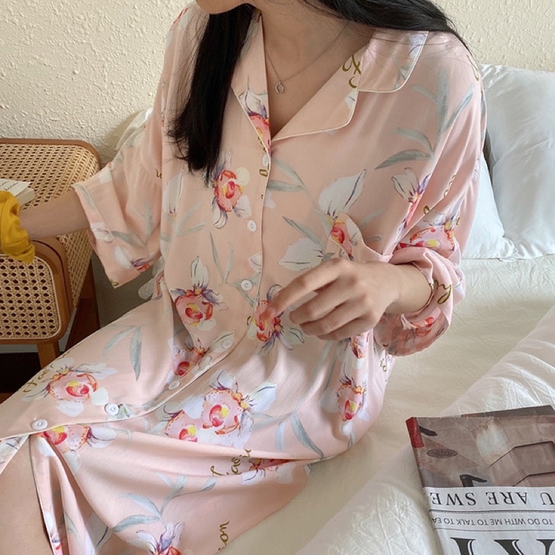Váy ngủ Đầm mặc nhà pijama sơ mi QCCC cotton lanh lụa maxi dài hè mát mẻ bầu và sau sinh | BigBuy360 - bigbuy360.vn