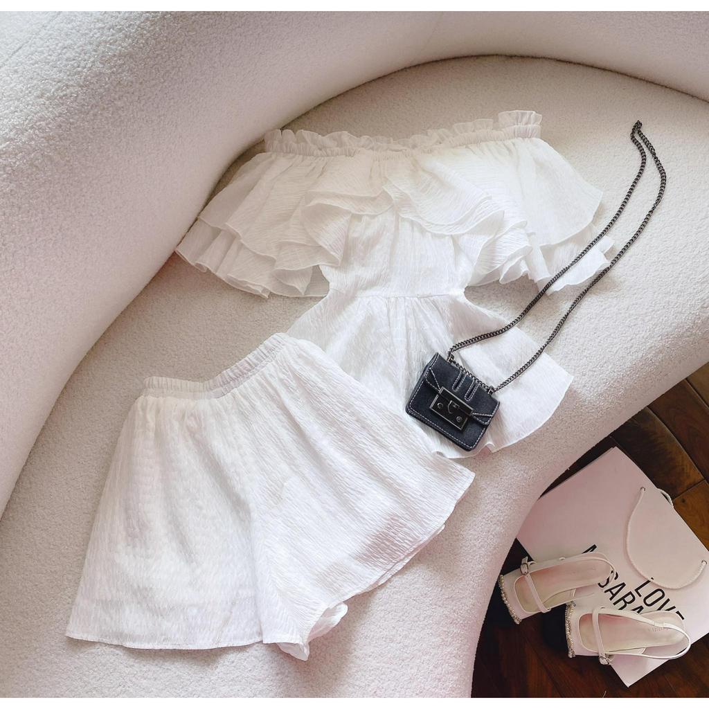 SET ÁO TRẮNG XỐP TRỄ VAI TAY TẦNG + SHORT