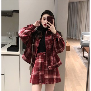(Kèm ảnh thật) Set đồ kẻ caro đỏ thu đông Hàn Quốc ulzzang: Áo sơ mi cổ Polo dài tay bồng  Chân váy A cạp cao
