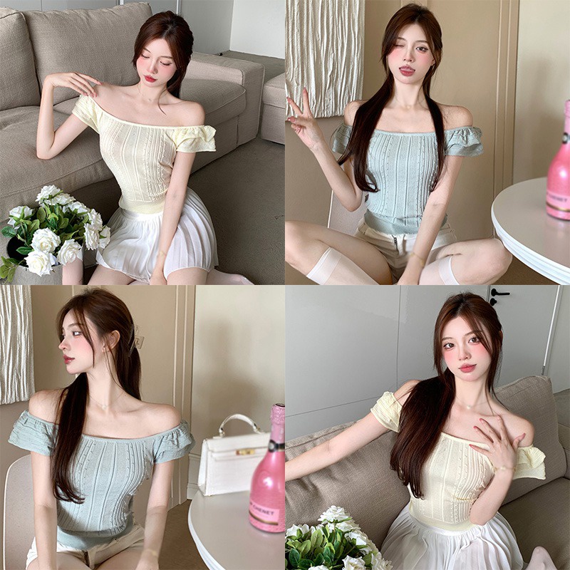 Áo Thun Dệt Kim Tay Ngắn Hai Màu Sắc Phong Cách Hàn Quốc Dành Cho Nữ