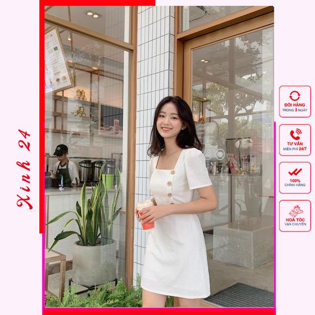 Đầm Nữ Cổ Vuông , Váy Cổ vuông Phối Nút Trẻ Trung đáng yêu | BigBuy360 - bigbuy360.vn