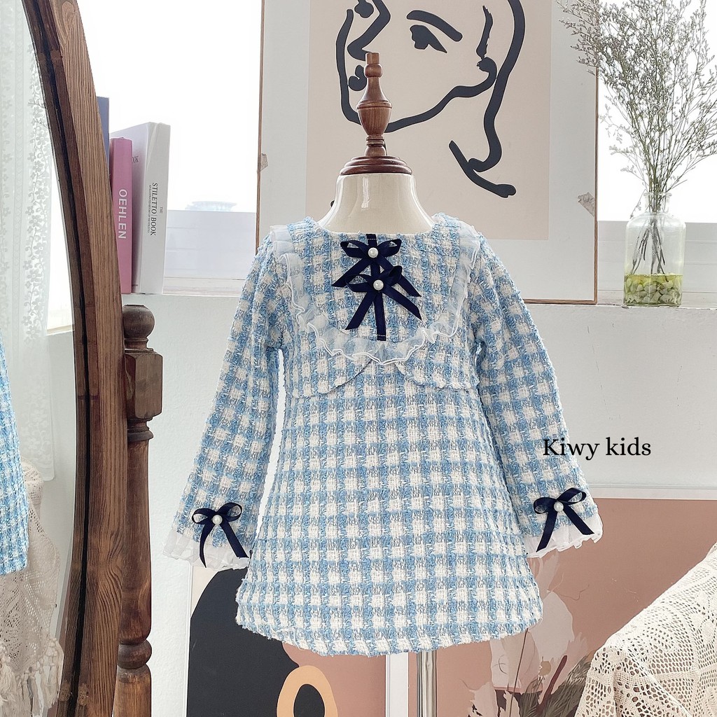 Váy dạ lót lông bé gái Kiwy Kids chất liệu dạ tweed ấm áp đính nơ dễ thương Kids70 cho bé gái từ 1 đến 7 tuổi