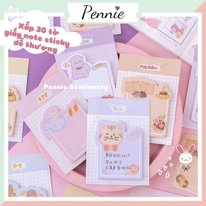 Set 30 tờ giấy ghi note Pennie cho học sinh ghi chú họa tiết gấu mèo xinh xắn phong cách Hàn Quốc