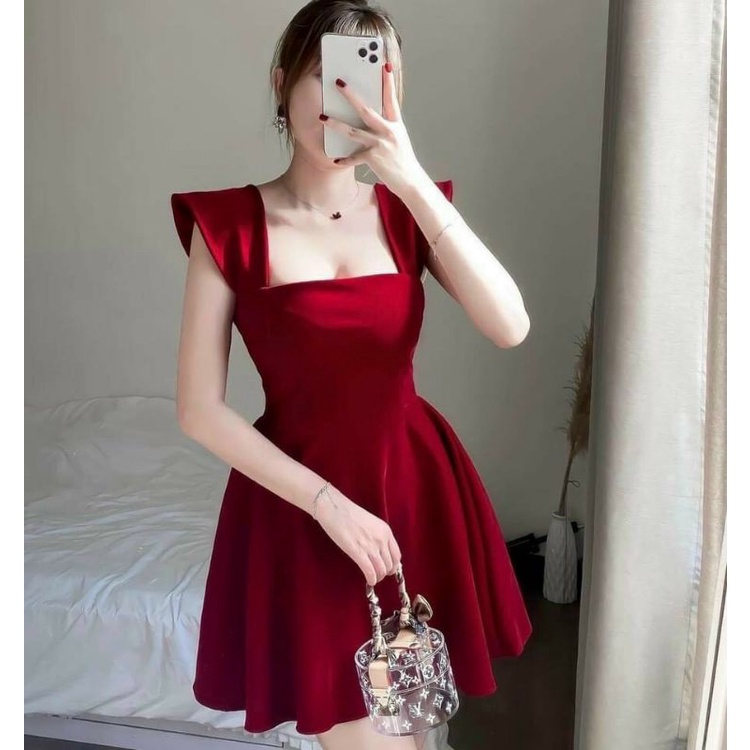 đầm nhung đỏ nữ váy hai dây cúp ngực dáng xòe