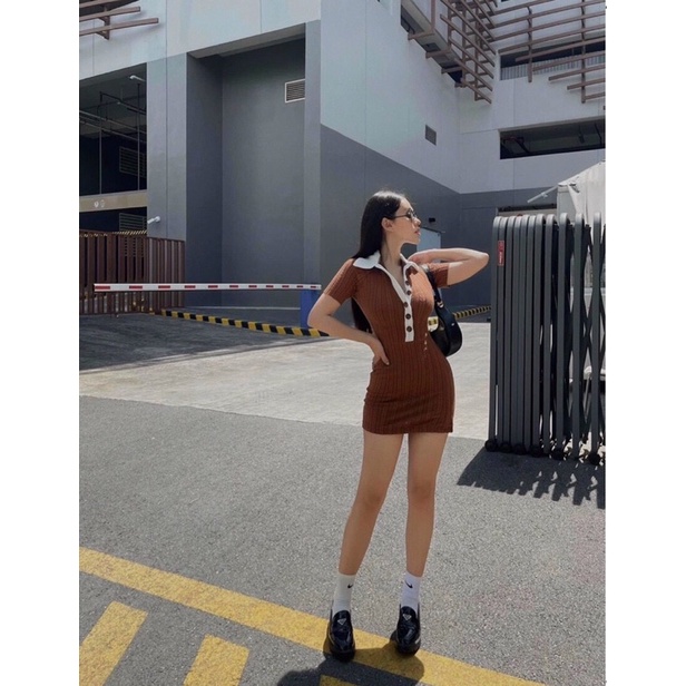 (Có BigSize) Đầm Váy Body Đen Cổ Trắng Tay Ngắn