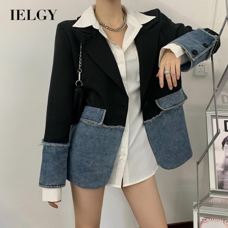 IELGY     Áo Khoác denim Dáng Rộng Phối Màu Sắc Tương Phản Thời Trang Cho Nữ