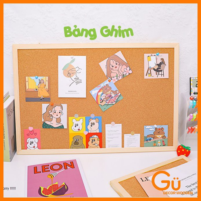 Bảng ghim gỗ bần,ghim tài liệu GU DECOR bảng Note treo tường dán ghi chú, thông báo, tranh ảnh tặng kèm phụ kiện