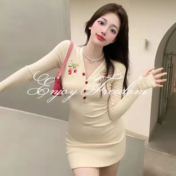 Enjoy Freedom Đầm Ngắn Ôm Eo Cổ Chữ V Thêu Hình Quả Cherry Phong Cách Vintage Dành Cho Nữ
