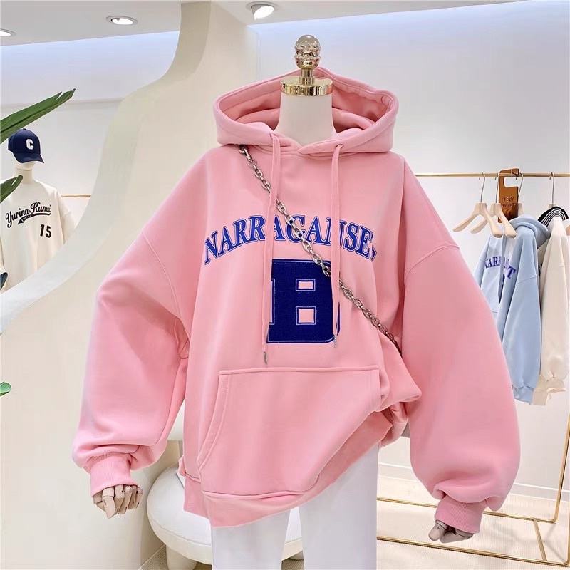 Áo hoodie vải nỉ Lót Bông Dày Dặn Thêu B Unisex Form Rộng