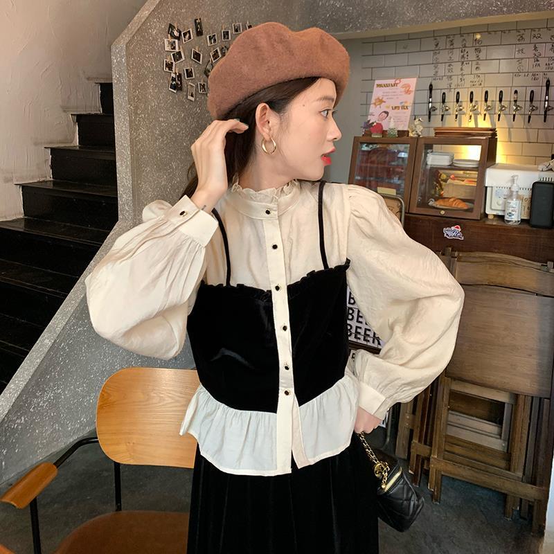 COZOKC Áo Sơ Mi Tay Dài Cổ Đứng Phối Màu Tương Phản Phong Cách Vintage