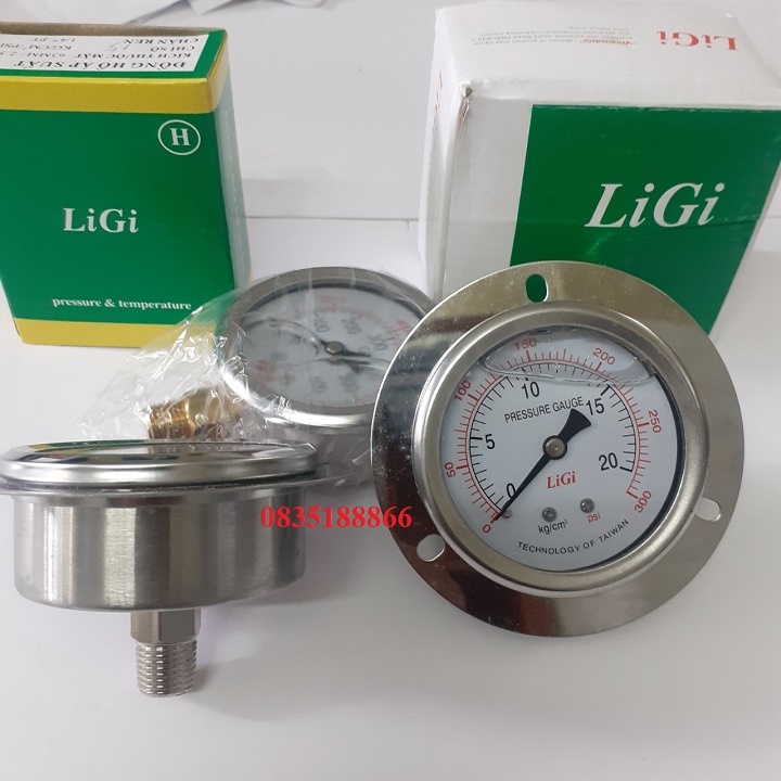 Đồng hồ đo áp suất có vành 20kg mặt 63 chân ren sau 13 LIGI