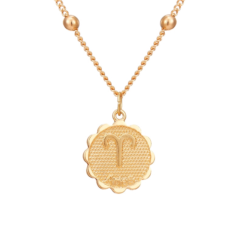 Dây chuyền mặt hình đồng xu khắc biểu tượng cung hoàng đạo Bạch Dương/Sư Tử màu vàng đồng dành cho bạn nữ