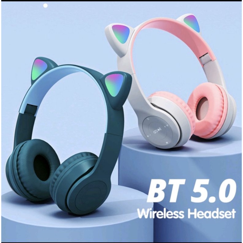 Tai nghe mèo không dây p47m kết nối bluetooth hoặc kết nối có dây kèm mic hỗ trợ khe cắm thẻ nhớ âm bass cực căng