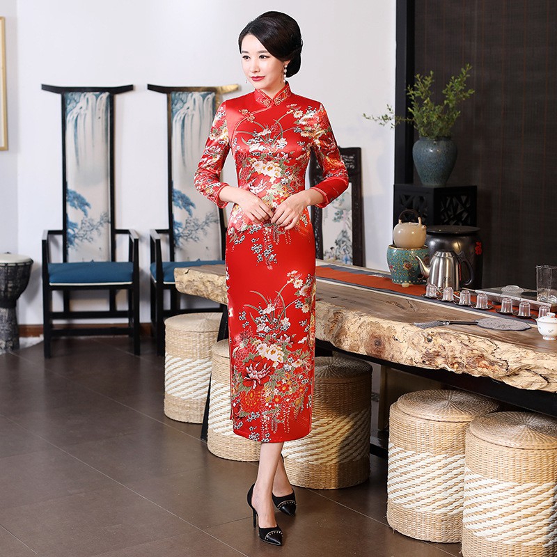 Chinese National Cheongsam Slim Women Long Dress Long Sleeve Vintage Dresses