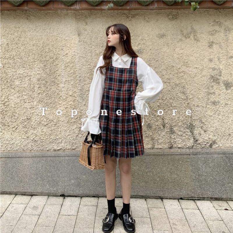 Váy yếm caro babydoll bánh bèo tiểu thư siêu xinh - Đầm caro dáng xòe nữ tính