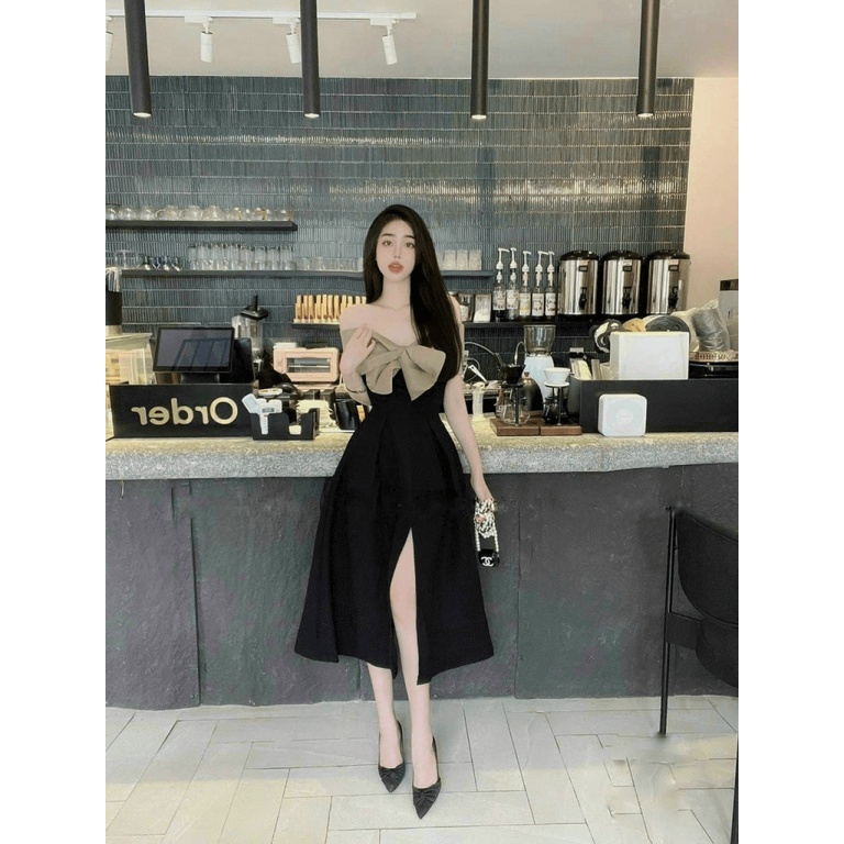 (Free ship) Mẫu Mới Thiết Kế Hợp Thời Trang -- Đầm TAPTA Hở Vai Váy Chẻ Có Đính Nơ Áo Siêu Đẹp Y Hình UP HHP Fashion