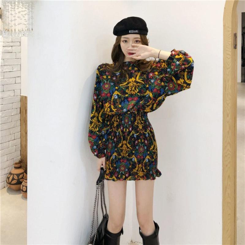 ❀☎Đầm Ngắn Nhấn Eo In Họa Tiết Hoa Phong Cách retro Pháp Thời Trang Xuân Thu Mới Cho Nữ 2022