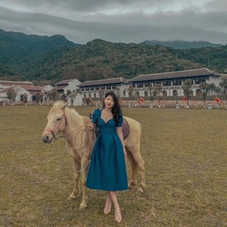 Váy đầm xanh và nâu be tafta tay bồng dáng xoè by thiennly