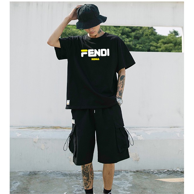 Áo thun tay lỡ form suông rộng Chữ Fendi chất vải cotton nam nữ