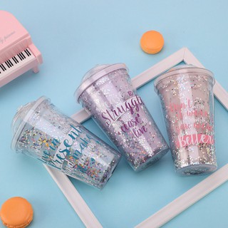 CN4 cốc giữ nhiệt cốc 2 lớp kim tuyến in chữ ly 2 lớp nắp cầu cốc làm lạnh dễ thương 400ml
