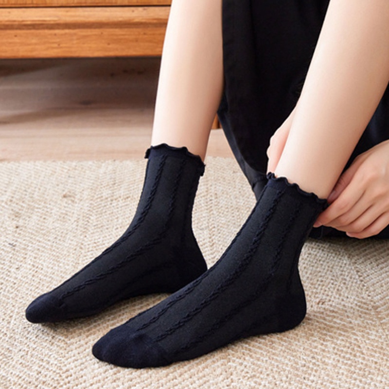 Vớ cotton màu đen viền ren họa tiết kẻ sọc phong cách Harajuku Nhật Bản thời trang cho nữ