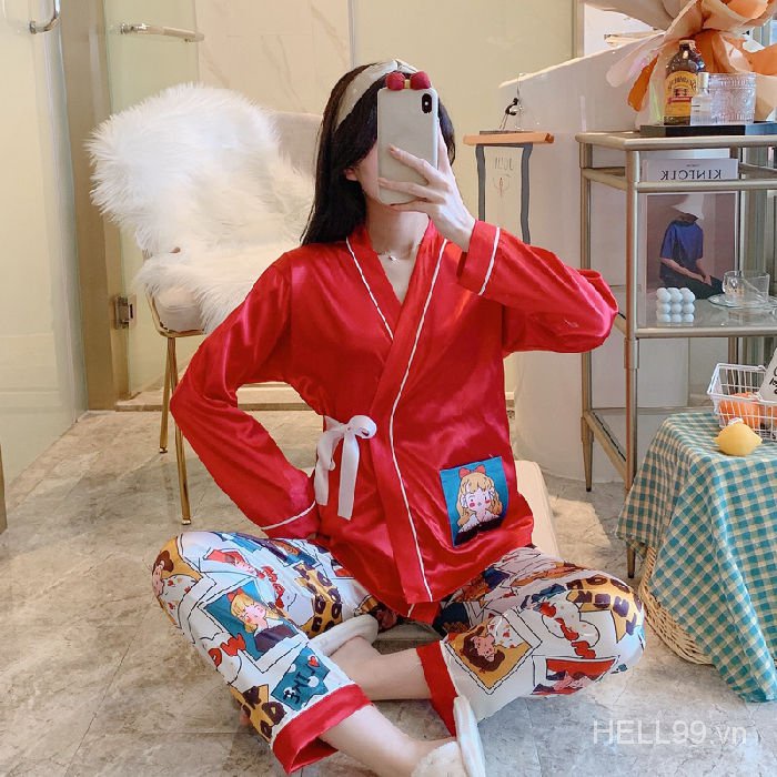 Bộ Đồ Ngủ Kimono Tay Dài Vải Lụa Lạnh Phối Dây Buộc Phong Cách Nhật Bản Thời Trang Xuân Thu Cho Nữ | BigBuy360 - bigbuy360.vn