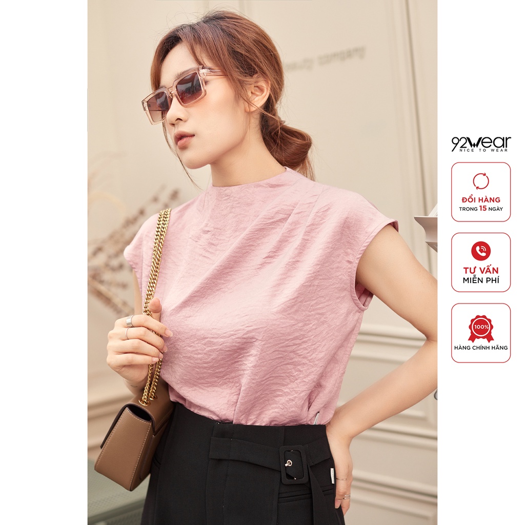 Áo sơ mi nữ vai chờm không tay 92WEAR, chất lụa cổ leo 3 ly vai ASA2220