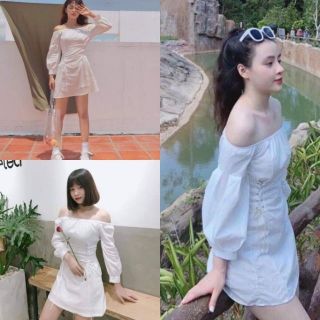 Váy trắng trễ vai đan dây eo
