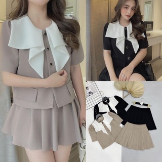 S002 Set vest thiết kế cao cấp, gồm áo vest dáng ngắn cổ bèo tay bồng và chân váy xòe xếp ly