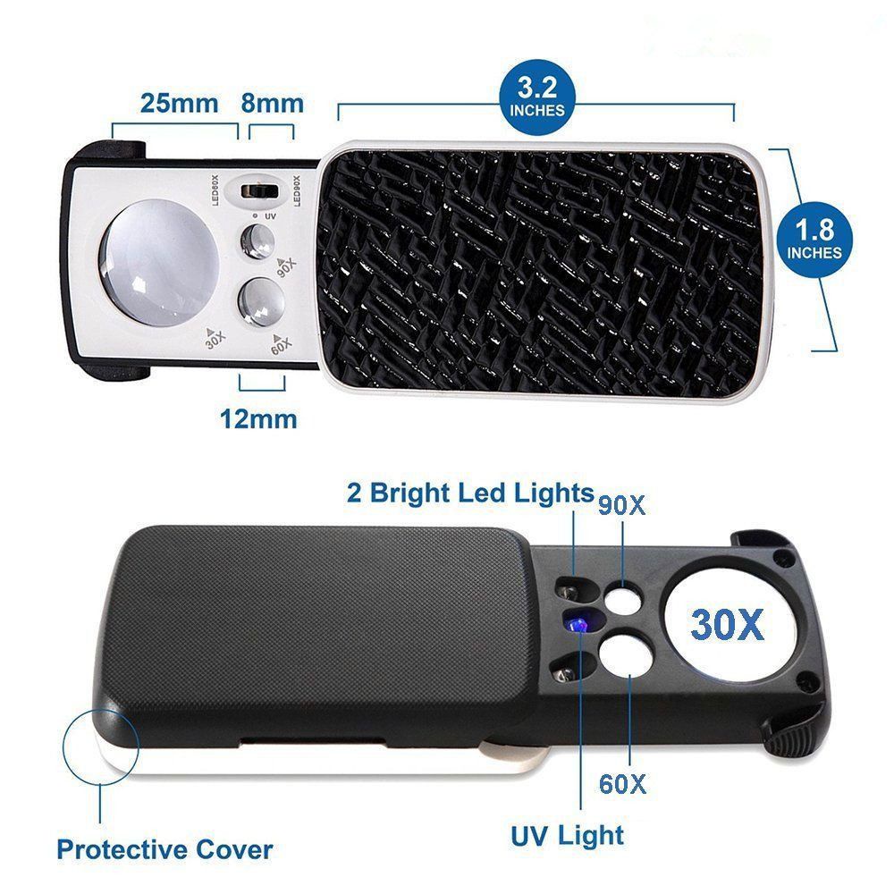 Kính lúp 30X 60X 90X có đèn LED UV đọc sách màu đen tiện dụng chất lượng cao