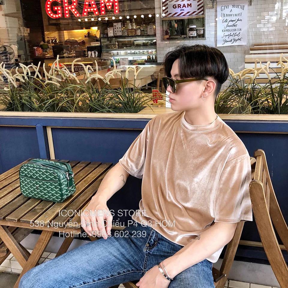 Áo thun nhung unisex fom rộng, màu kem