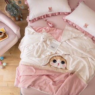 Bộ chăn ga lụa silk tencel 100s thêu Mèo dễ thương - sét chăn trần bông tơ tằm