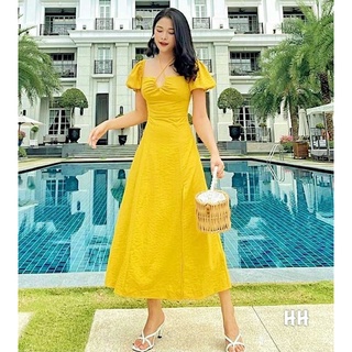 Đầm vàng dây cổ xẻ tà (kèm hình thật)