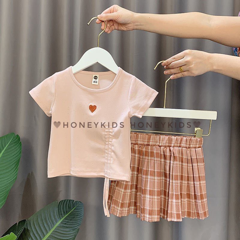 Set bộ áo váy Honey Kids áo thun ngắn tay rút dây chân váy xếp ly xòe thời trang