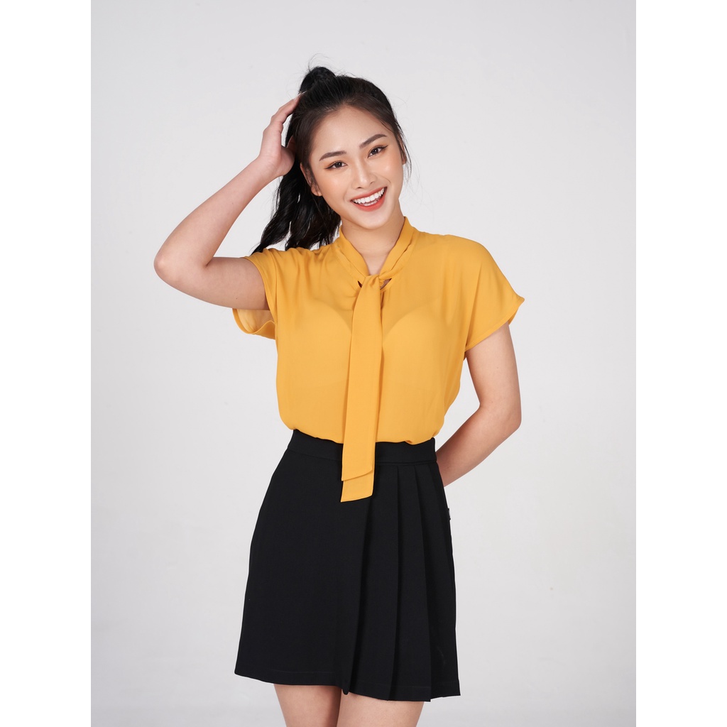 Áo sơ mi nữ YODY tay ngắn cổ nơ vai chờm phong cách mềm mịn thoải mái SCN5192