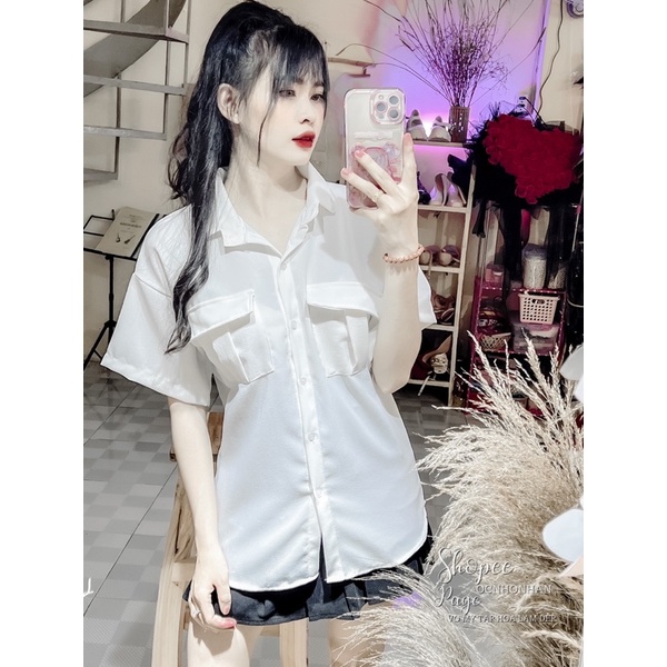Set áo sơmi túi nắp phối chân váy tầng nút