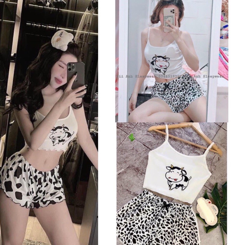 Bộ Nữ Croptop Họa Tiết Bò Sữa  (Áo Rời Quần Rời)👗 Set Nữ Áo Hai Dây Kèm Quần Sooc Siêu Xinh