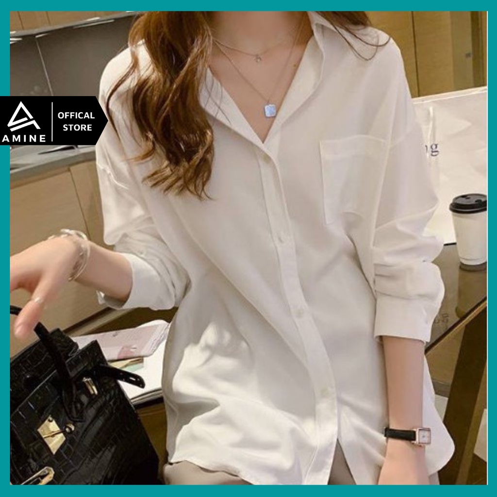 Áo sơ mi, Sơ mi trắng nữ túi vuông  form rộng dài tay ulzzang vintage loại đẹp mặc đi làm đi học  SM02