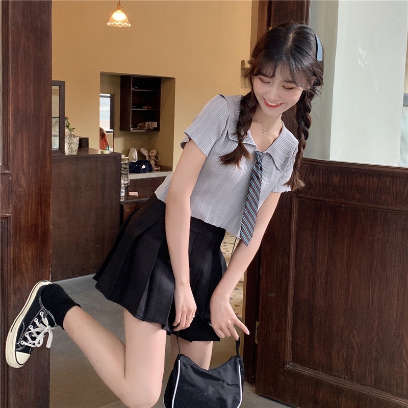 ZHELIHANGFEI Áo len dệt kim POLO cổ áo ngắn tay eo cao cổ điển