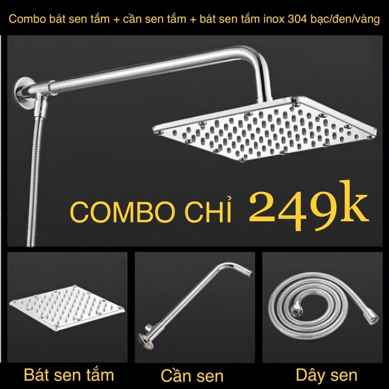 Bộ bát sen tắm to inox 304 richter store có dây sen tắm đứng và thanh nối cần sen phun mưa nhà tắm