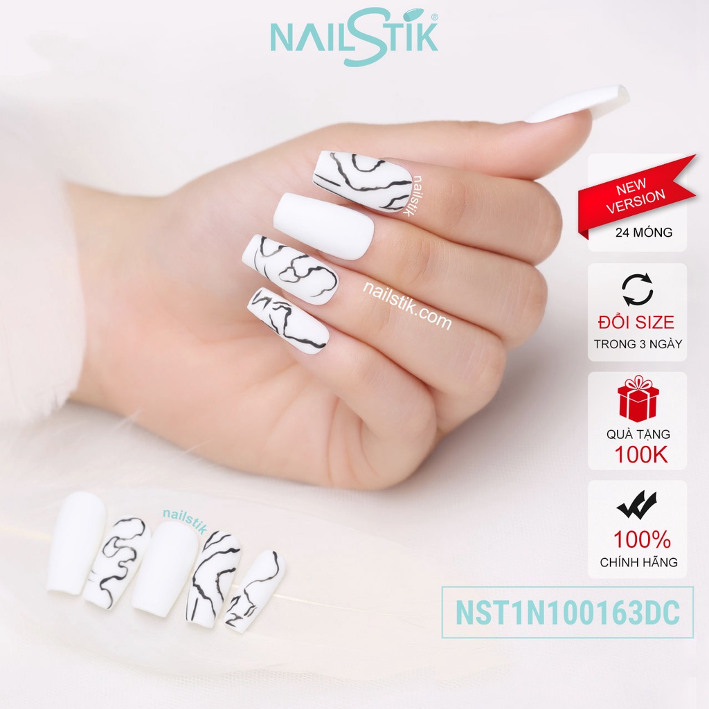 Móng úp thiết kế by Nailstik, màu trắng, coffin dài, 163
