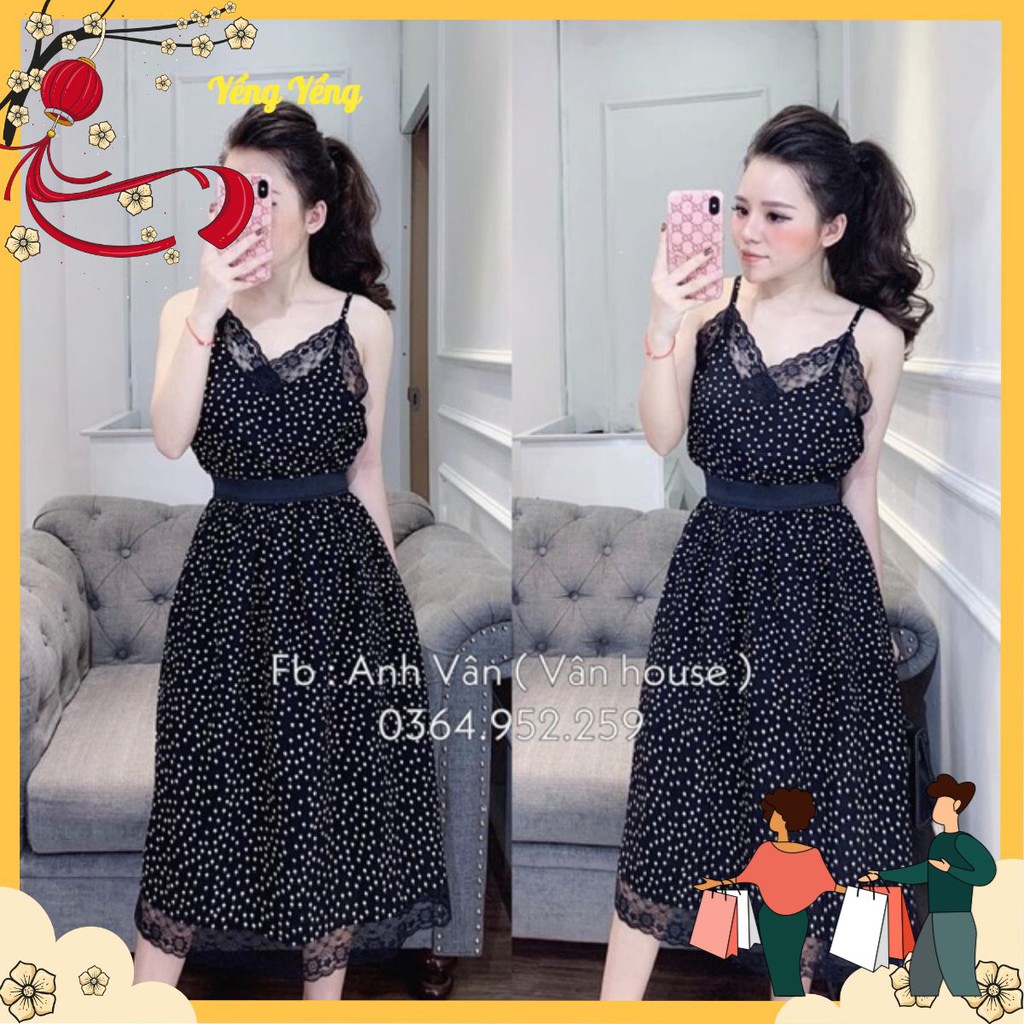 SNU124 - Set áo ren 2 dây và chân váy chấm bi