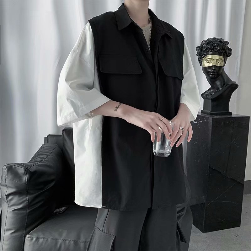 Áo sơ mi nam tay ngắn thiết kế túi ngực phối hai màu đơn giản thời trang | BigBuy360 - bigbuy360.vn