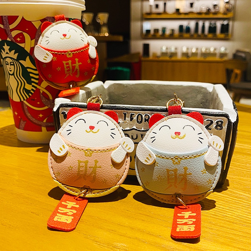 Móc Khóa Da Hình Chú Mèo May Mắn Đáng Yêu