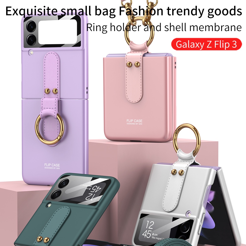 Suitable for Samsung Z Flip3 mobile phone case ultra-thin shell film integrated ring folding screen back shoulder protective cover