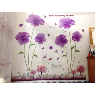 Combo 3 bức Decal dán tường mẫu hoa tím cánh mỏng và chân tường tím