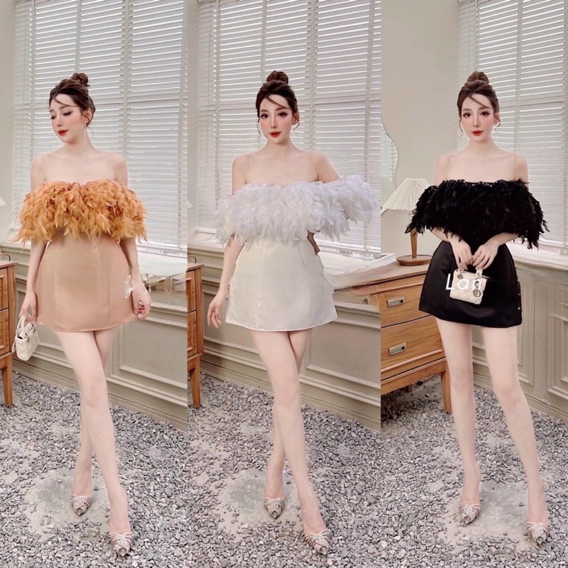 Đầm dự tiệc cưới TRIPBLE T DRESS bẹt vai phối lông sang trọng - size S/M/L -MS411V