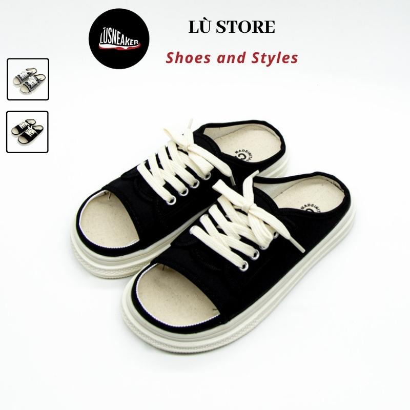 Sục nữ hở mũi, dép sục có dây buộc vải canvas đế bánh mì [Lù store]